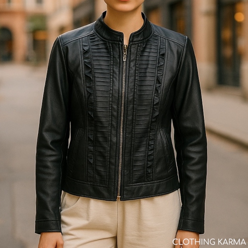 Outerwear by Lisa L Pleated Frill Faux Leather Jacket Moto Pockets Full Zip